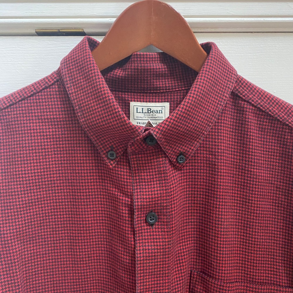 LL Bean Wicked Good Flannel Shirt Men L Red Houndstooth Button Up Cotton Rugged - Picture 3 of 8